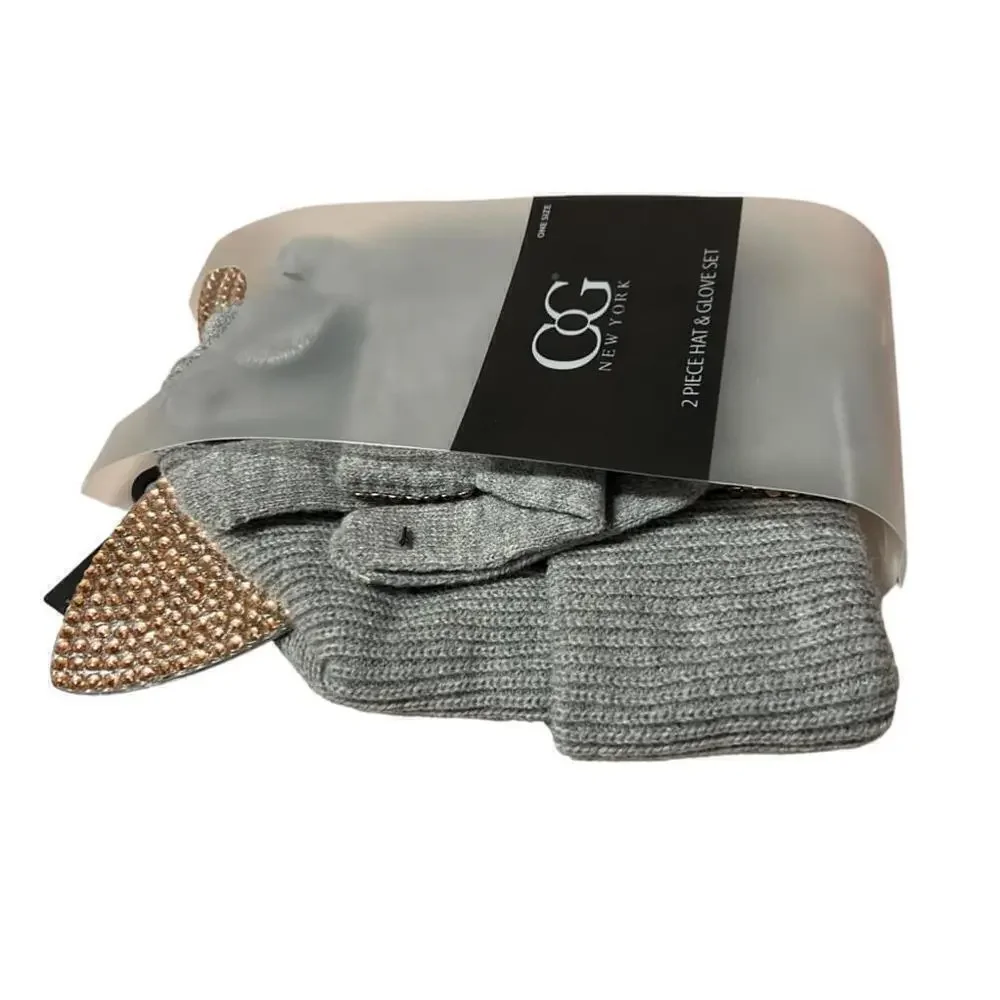 CG New York 2 Piece Gray Rose Gold Rhinestones Hat & Glove Set Cat Ears One Size